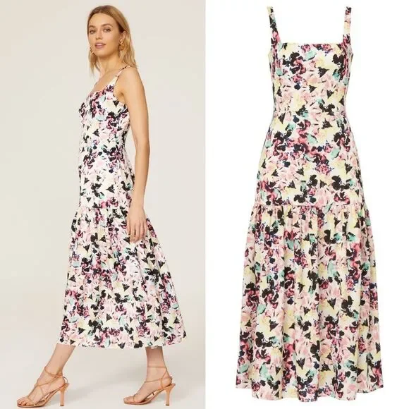 Aidan AIDAN MATTOX Floral Print Square Neck Satin Sleeveless Midi Dress Size 12